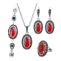 Kinel Hot 4Pcs/Lot Boho Jewelry Sets Red Stone Necklace And Earring Bracelet Rin - £18.75 GBP