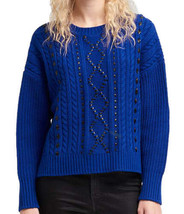 DKNY Womens Faux Leather Cable Knit Sweater, Small, Blue - £85.25 GBP