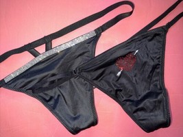 Victoria&#39;s Secret S Thong lot BLACK RED heart CRYSTAL RHINESTONES SHINE ... - £38.93 GBP