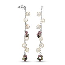 Gorgeous Multicolor Tourmaline Long Dangling and Pearl Sterling Silver Earrings - £15.18 GBP