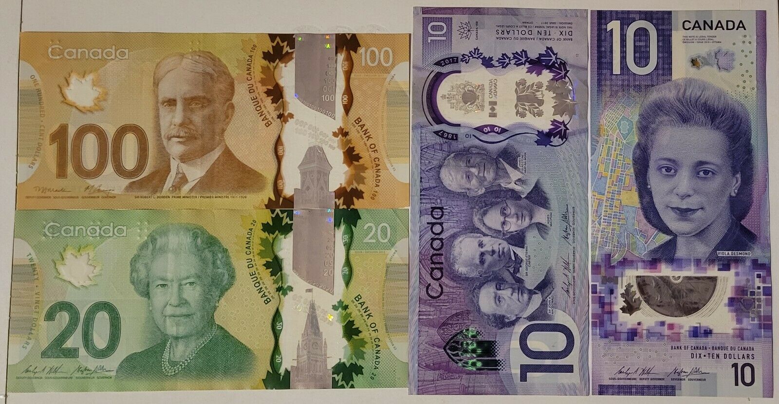 CANADA FOUR NOTES LOT FROM 2017 - 2020 $10 - $100 POLYMER NO RESERVE - £183.63 GBP