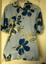 Tommy Bahama Shirt Blue Hibiscus Print 100% Silk Style Size Medium Hawiian Theme - £31.12 GBP