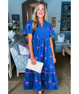 Blue Floral Print Notched Neck Butterfly Sleeve Shift Long Dress - $39.46 CAD