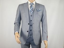 Men Suit BERLUSCONI Turkey 100% Italian Wool Super 180's 3pc Vested #Ber7 Sky image 2