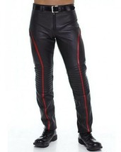 MEN&#39;S COWHIDE LEATHER JEANS RED STRIPES CHAP PANTS TROUSER RED STRIPES H... - £102.21 GBP