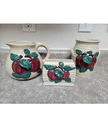 3PC Apple Theme Ceramic Kitchen Stoneware Pitcher Utencil Holder Napkin ... - $40.73 CAD