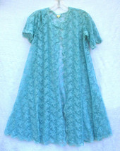 Chevette Lingerie Open Robe Turquoise Blue Sheer Floral Netted Lace Vintage MED - £33.54 GBP