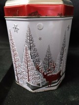 20185 Music Box Christmas Cookie Tin. Empty Red and Silver 6&quot; Tall  - $16.82