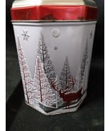 20185 Music Box Christmas Cookie Tin. Empty Red and Silver 6&quot; Tall  - $16.82