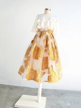 Summer GOLD Floral Midi Party Skirt Outfit Organza Plus Size Midi Skirt Pockets image 3