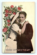 1913 Vintage Postcard Sweetheart Couple Large Hat Lady Roses on Vine &amp; Trellis - £7.81 GBP
