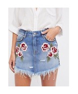 Free People Wild Rose Embroidered Floral Distressed Mini Skirt Denim - €18,52 EUR