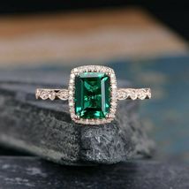3Ct Emerald Cut Green Emerald &amp; Diamond Halo Engagement Ring 14K Rose Gold Over - £67.24 GBP
