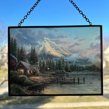 Thomas Kinkade Mountain Lake Cabin Scene Framed Suncatcher Glass Art 6.5&quot; Window - £19.89 GBP
