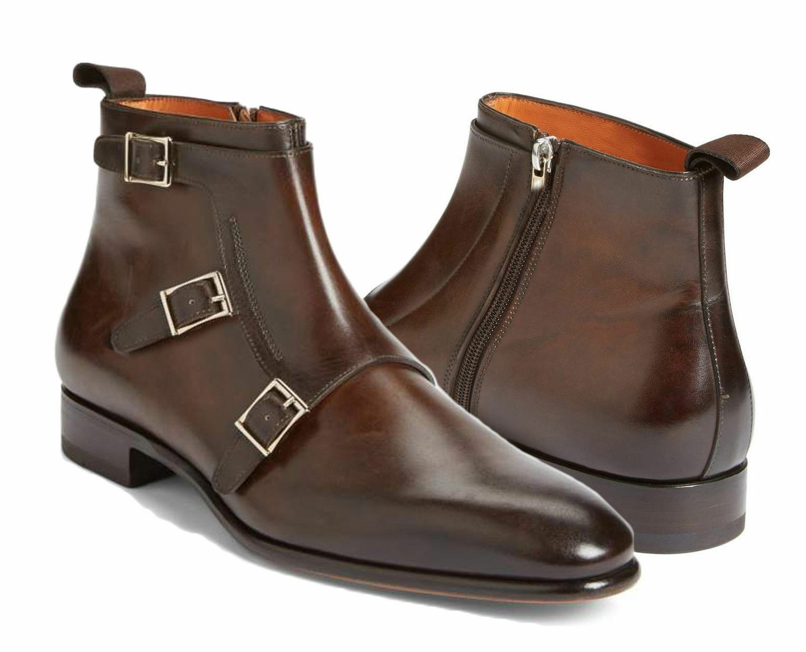 Monk Boots High Ankle Brown Triple Buckle Strap Side Zipper Premium Leather