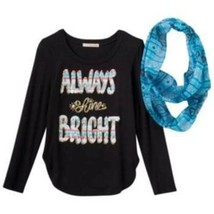 Girls Shirt Christmas Black Always Shine Bright Long Sleeve Top &amp; Scarf-sz 10/12 - £11.65 GBP