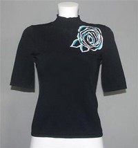 VTG Jones Turquoise White Rose S/S Rayon Blend Finely Knit Black Sweater... - $23.99