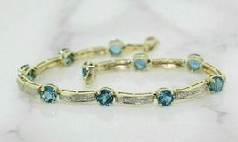 10.20Ct Round Cut Simulated Blue Topaz Bracelet Gold Plated 925 Silver  - £158.23 GBP