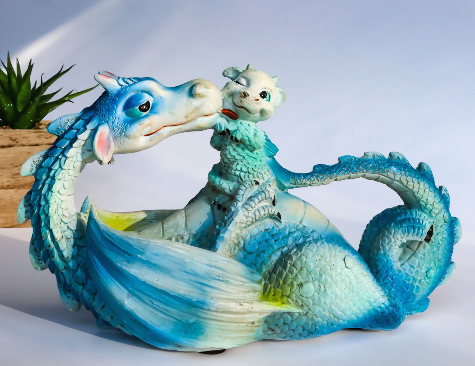 Whimsical Cloud Blue Mother Dragon Licking Baby Dragon Statue 7.5&quot; Long - $23.99
