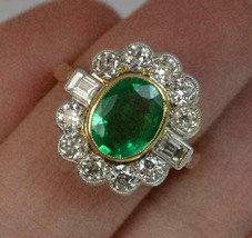 2.20Ct Oval Simulated Emerald Engagement Halo Gift Ring 14k Yellow Gold Plated - £106.33 GBP
