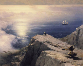 Rocky Coastal Aegean Sea w/ Ship &amp; Birds Russian Painting Giclee Print Canvas - £8.30 GBP+