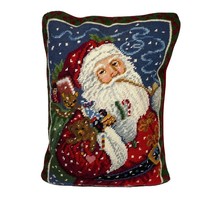 Vtg Santa Claus Needlepoint Throw Pillow Red Velvet Snow Toys Christmas 11x15” - £26.44 GBP