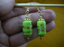 (EE-504-76) Opaque Lime green swirl glass dangle gold tone earrings lampwork - £11.16 GBP