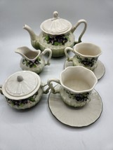 Katherine&#39;s Collection Porcelain Tea Set White Green with Purple Flowers - £23.61 GBP