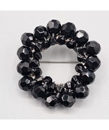 Glass Bead Wreath Brooch Pin Handmade Black Wire Wrapped Circle Silver Tone - €13,01 EUR