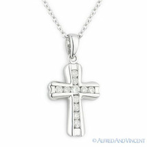 0.15ct Channel Set Diamond Cross Charm Crucifix Pendant Necklace 14k White Gold - £311.74 GBP