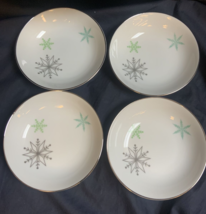 4 Vtg Harmony House Japan Snowflake Atomic Winter Berry Bowls 5.5” Silver Trim - £16.86 GBP