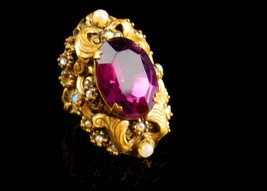 Antique Czech Ring - Purple Slag Glass - amethyst color - size 3-5 - czechoslova - £145.50 GBP