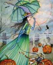 Halloween Postcard Molly Harrison Green Dress Witch Cat Fantasy 2005 Ltd. To 33 - £95.86 GBP