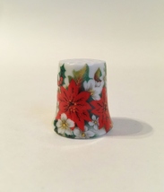 Merry Christmas Thimble Vintage Poinsettia Flowers Holly Leaves Porcelain - £13.33 GBP