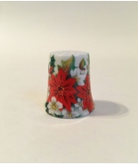 Merry Christmas Thimble Vintage Poinsettia Flowers Holly Leaves Porcelain - £13.37 GBP