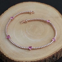 2CT Moissanite &amp; Heart Cut Pink Tourmaline Tennis Bracelet in 14K Rose Gold Over - £120.56 GBP