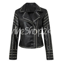 New Women Black Unique Classic Design Silver Studded Punk Biker Leather Jacket - £199.83 GBP
