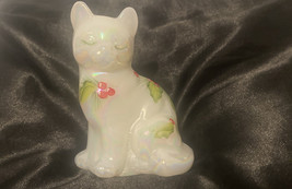 Vintage FENTON Glass CAT Figurine with Pearlized Pink Rose Hand painted Signed - £27.78 GBP