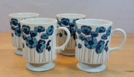4 VTG MCM Flower Coffee Cups Japan Blue Poppy Floral FOOTED 60s 70s Porcelain - £19.57 GBP