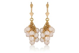 14K Solid Yellow Gold Grape White Pearl Drop Lever Back Dangle Earrings - £155.15 GBP