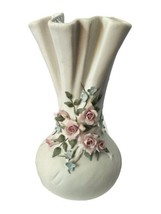 Lefton China White Bisque Vase Hand Painted Ruffled W/ Pink Roses 6.5” Vase 834 - £8.93 GBP