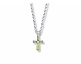 Sterling Silver Glass Crystal August Peridot Birthstone Cross Necklace &amp; Chain - £47.95 GBP