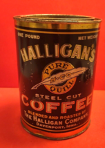 Vintage Halligan&#39;s One Pound Advertising Coffee Tin Can Davenport Iowa - £118.75 GBP
