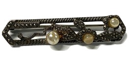 Antique Sterling Silver and Faux Pearl with Marcasites Bar Pin - £9.86 GBP