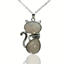 Cat Pendant Natural Stone Silhouette of a Cat Necklace Pink crystal - £18.85 GBP