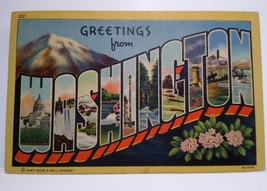 Greetings From Washington Large Letter Linen Postcard Unused Mountains Flowers - £8.80 GBP