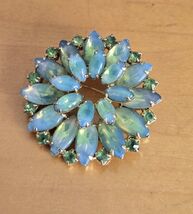 Blue Aurora Borealis Round Brooch | Opalescent Vintage Rhinestone Pin - $56.99