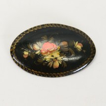 Vintage Hand Painted Russian Black Lacquer Floral Brooch Pin Signed 1993... - £17.71 GBP