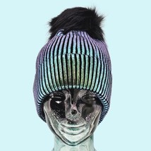 Adrienne Landau Beanie Denim Blue Faux Fur Pom Pom Metallic Outdoor  - £48.07 GBP