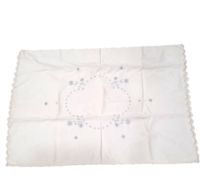 VTG Standard Pillowcase Cover White Blue Embroidered Flower  Scalloped Edges  - £11.21 GBP